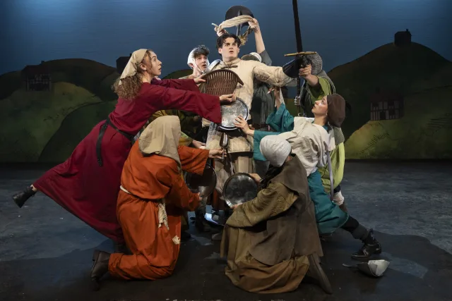 Image of actors on stage for LAMDA's production of Saint George and the Dragon